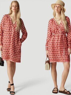 J.Crew Cabana Mini Dress Block Print Ramie Tie Waist Boho Red Size XXS NWT
